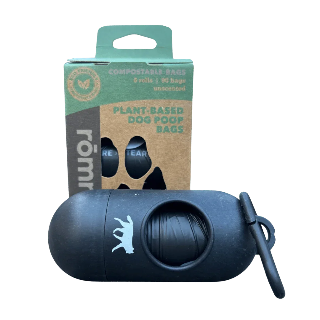 compostable plant-based dog poop bags + bamboo dispenser